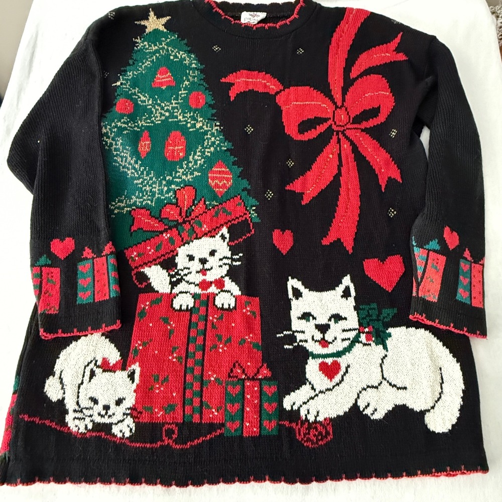 Nutcracker Christmas Sweater Women Large Vintage Cat Tree Holiday Black Kittens